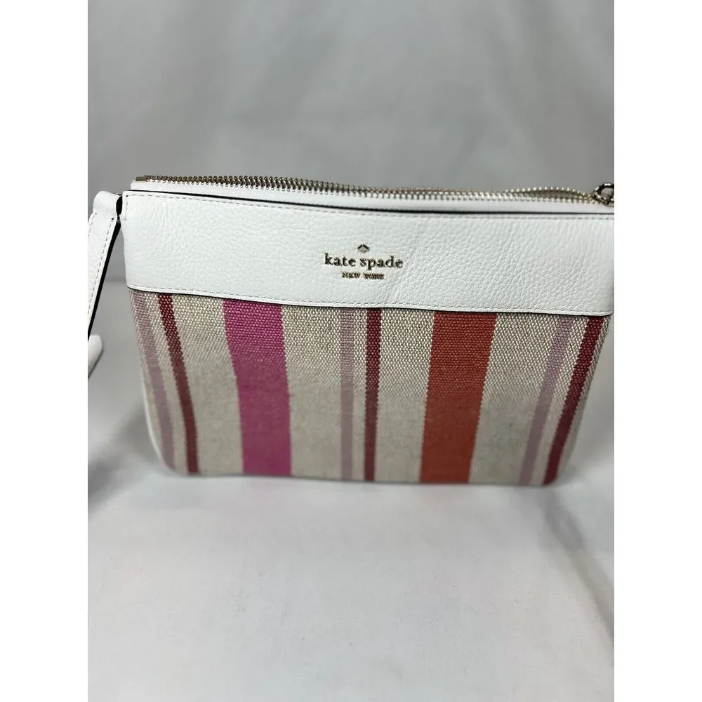 Kate‎ Spade Leila Triple Gusset Canvas Leather Crossbody Pink White Stripe SMALL